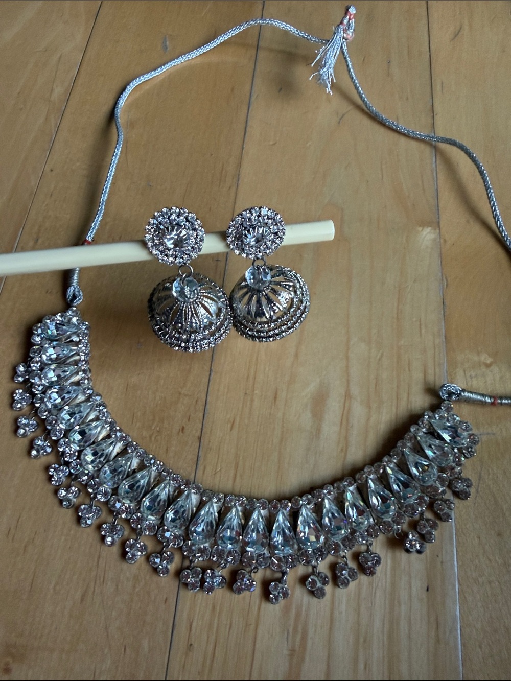 Silver Crystal Choker Necklace with Jhumka Earrings